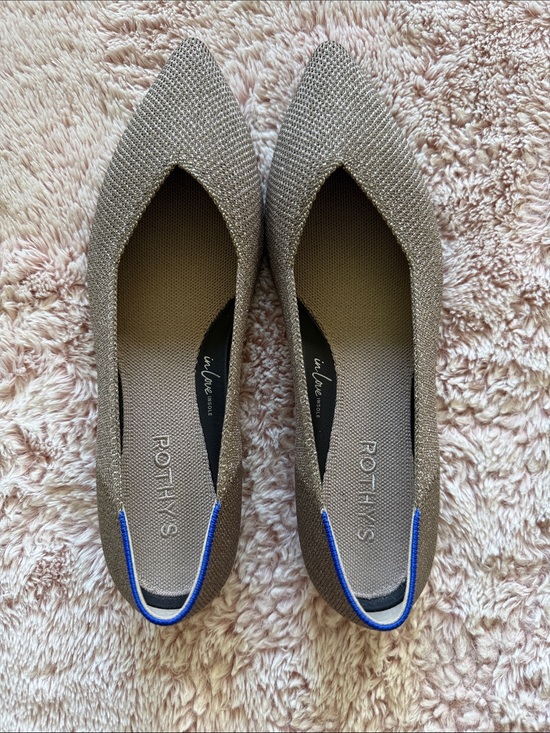 Rothy's Shoes - Rothy's Pointed Knit Flats in Taupe with Blue Heel Trim